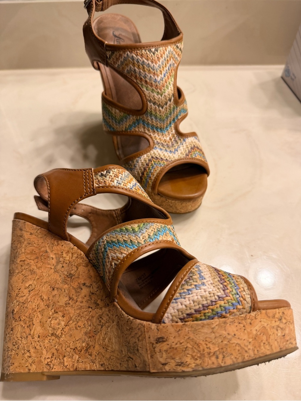 Lucky Wedge Sandals in Tan Multicolor Braided Raffia - Ladies Platform Heels